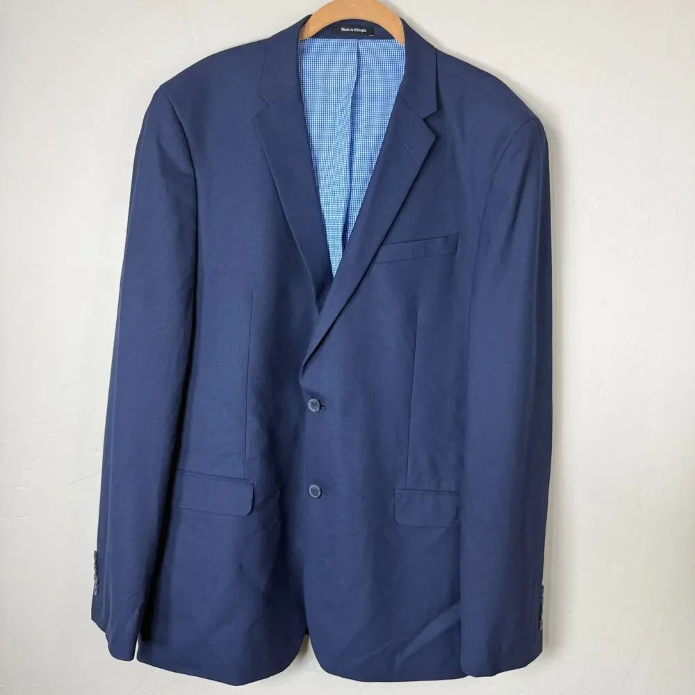 Egara Men's 44 Long Skinny Fit Stretch Suit Blazer Navy Blue Gingham Lined